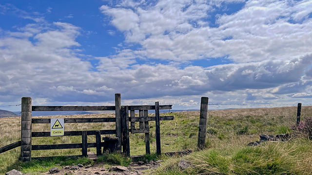 Wooden stile and cattle warning sign on Wildbank with open moorland view towards Arnfield under a cloudy sky.
