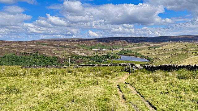 Path through grassy moorland leading to Lower Swineshaw reservoir, with dry-stone walls, rolling hills, and heather moor in the background.