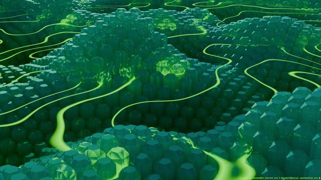 Crystal hexagonal columns creating an ondulated landscape, with different shades of green-cyan-sort-of-turquoise color (darker green for lower heights). Between them, and crossing them inside, some wavy energy rays that create some beautiful refraction effects. The crystals are not totally pure, so you can't see through all the crystals.