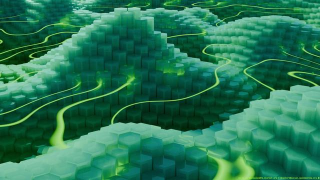 Similar to the other one, excepte that here: each column has a flat hexagon at the top, the glass material has a stronger "fog" insde, so the overall aspect of the terrain is a mix of the shiny greenish glass and that of wax. Also the sort of sunlight from the exterior creates more contrast between light and dark  zones.