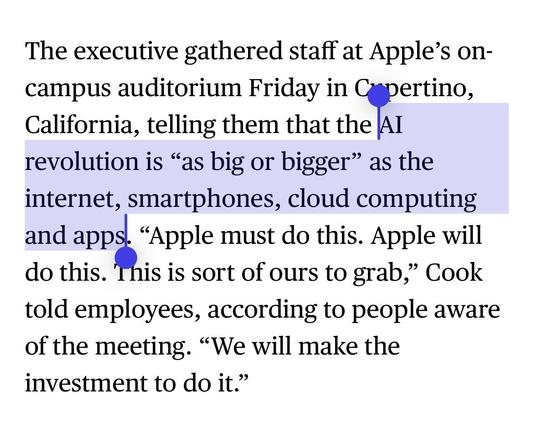 Text from a news article discussing a meeting at Apple's campus where executives emphasized the significance of the AI revolution, comparing its impact to the internet and smartphones. The text highlights a call to action for Apple to invest in AI developments.