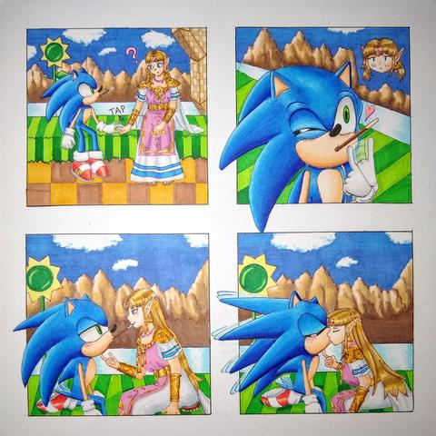 Four panel comic where Sonic the Hedgehog and Princess Zelda share a pocky kiss. Panel 1: Sonic sits next to Zelda with a stick of Pocky in his mouth. He taps her hand to get her attention, looking up at her expectantly. Zelda looks confused, indicated by a question mark pointing to her. Panel 2: Sonic points from the end of the Pocky stick to the other end in his puckered lips. A cartoon heart comes from him. A chibi Zelda blushes in the corner of the panel. Panel 3: Zelda leans forward, taking her end of the Pocky in her mouth and looking at Sonic with half-shut eyes. Sonic blushes even deeper as he realizes a kiss is imminent. Panel 4: They have finished the Pocky and are now meeting in the middle by kissing. Their eyes are shut, Sonic's spines are flared out as Zelda rests her finger under his chin, pulling him deeper into the kiss.