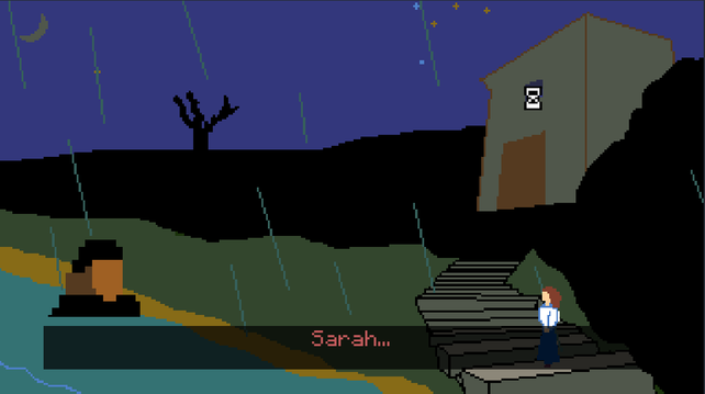Screenshot of woman approaching a tower, dialogue bubble saying "Sarah..."