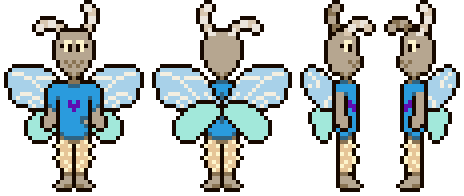 Pixel art. Front, back, and side(s) view of a moth monster with a blue shirt (lightly torn) adorned with a purple heart, light blue wings, and desaturated beige fur.