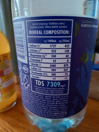 Die Mineralzusammensetzung von Vytautas. Insgesamt sind es 7309mg gelöste Stoffe pro Liter.