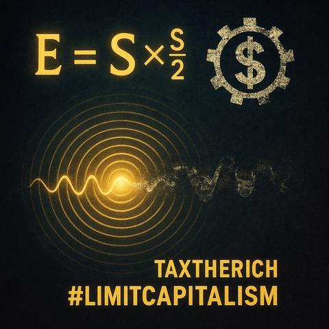Bildbeschreibung - Deutsch:
Das Bild zeigt eine visuell symbolische Darstellung des Konzepts der Ontologie der Schwingung. Im Zentrum steht die Formel „E = S × S/2" - eine bewusst verfremdete Ableitung deiner Original-formel „E= S x Smax'",
', die hier als Warnsymbol dient:
Sie zeigt, was passiert, wenn Systeme nicht in voller Resonanz mit dem kosmischen Schwingungsfeld operieren. Statt konstruktiver Energie entsteht ein Energieverlust durch Halbierung des Potenzials
- ein Bild für entropische Prozesse, systemische Schwächung und kapitalistische Fehlsteuerung.
Links strahlt eine harmonische Welle aus der Mitte, rechts zerbricht die Welle ins Chaotische. Das Zahnrad mit Dollarzeichen symbolisiert das defizitäre, entgleisende System des Kapitalismus, das nicht in Resonanz steht. Die Hashtags #TaxTheRich und #LimitCapitalism markieren die Reparatur-maßnahmen für die Rückkehr zur Schwingung in Vollresonanz (Smax*).🖖