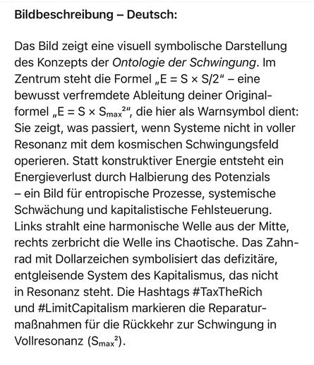 Bildbeschreibung - Deutsch:
Das Bild zeigt eine visuell symbolische Darstellung des Konzepts der Ontologie der Schwingung. Im Zentrum steht die Formel „E = S × S/2" - eine bewusst verfremdete Ableitung deiner Original-formel „E= S x Smax'",
', die hier als Warnsymbol dient:
Sie zeigt, was passiert, wenn Systeme nicht in voller Resonanz mit dem kosmischen Schwingungsfeld operieren. Statt konstruktiver Energie entsteht ein Energieverlust durch Halbierung des Potenzials
- ein Bild für entropische Prozesse, systemische Schwächung und kapitalistische Fehlsteuerung.
Links strahlt eine harmonische Welle aus der Mitte, rechts zerbricht die Welle ins Chaotische. Das Zahnrad mit Dollarzeichen symbolisiert das defizitäre, entgleisende System des Kapitalismus, das nicht in Resonanz steht. Die Hashtags #TaxTheRich und #LimitCapitalism markieren die Reparatur-maßnahmen für die Rückkehr zur Schwingung in Vollresonanz (Smax*).🖖