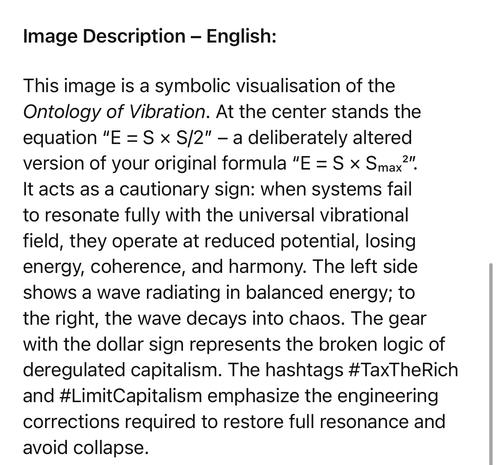 Image Description - English:
This image is a symbolic visualisation of the Ontology of Vibration. At the center stands the equation "E = S × S/2" - a deliberately altered
version of your original formula "E = S x Smax
It acts as a cautionary sign: when systems fail to resonate fully with the universal vibrational field, they operate at reduced potential, losing energy, coherence, and harmony. The left side shows a wave radiating in balanced energy; to the right, the wave decays into chaos. The gear with the dollar sign represents the broken logic of deregulated capitalism. The hashtags #TaxTheRich and #LimitCapitalism emphasize the engineering corrections required to restore full resonance and avoid collapse.🖖