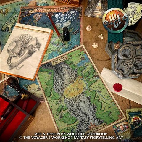 A photo of a wooden table with a number of items laying on it, including: three fantasy maps, a sketch pad with a pencil illustration of a helm and an axe, a wood carved custom dice box, a wax sealed piece of parchment and some whimsical business card from the Voyager’s Workshop.