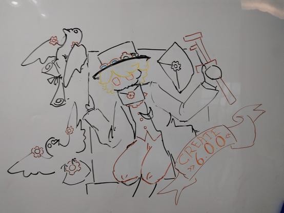 an anime-styled whiteboard drawing of Create chan, the gijinka of the Minecraft mod Create. She is holding an envelope with a cog-shaped seal in her mouth, coming through a window with a wrench from the Create mod in her left hand. She has blonde hair and orange eyes. She is wearing a top hat decorated with goggles and cogs, a long coat, a jabot, a pair of puffy brown shorts and a pair of stockings. Around her are carrier pigeons holding envelopes and scrolls, also decorated with cogs. An envelope is in mid-air. In the bottom right is a piece of ribbon with the words "CREATE 6.0.0" on it.