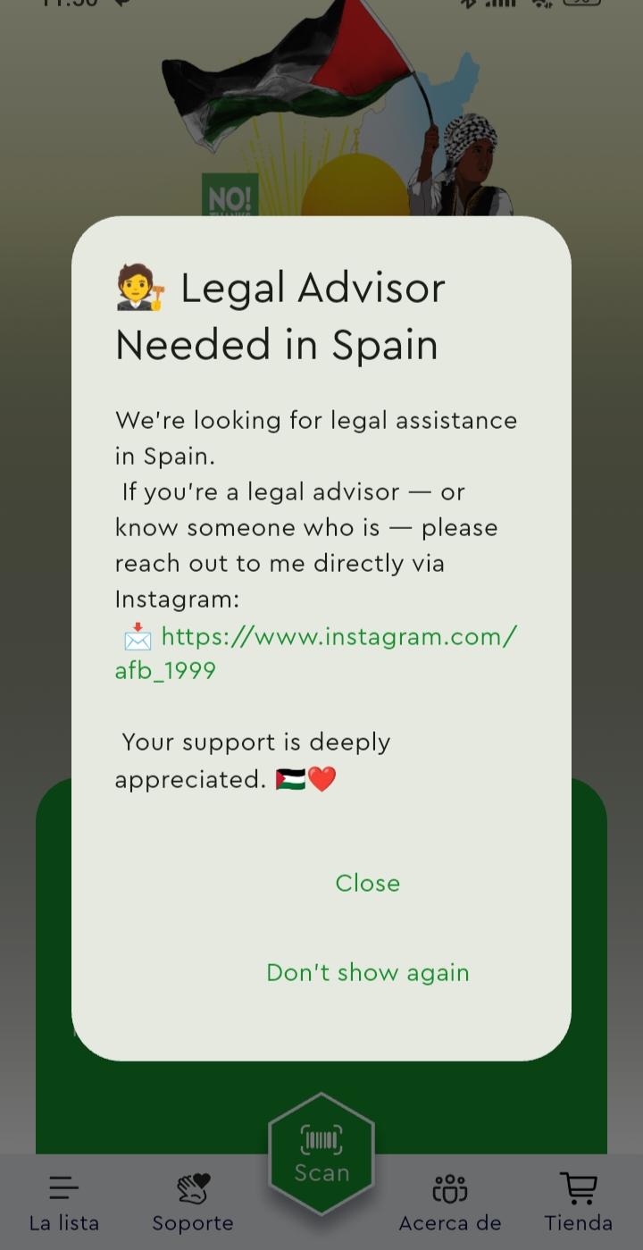 Captura de pantalla de No thanks! diciendo que buscan asesores legales en España
