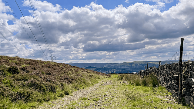 Gravel moorland track between heather and a stone wall, leading towards a green valley under a cloudy summer sky.