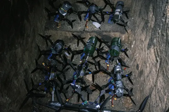 First-person view drones on positions near Kostiantynivka, Donetsk Oblast, on July 2025. (Francis Farrell/The Kyiv Independent)