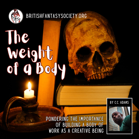 A dark background picture shows a lit candle in a holder sitting in front of several books piled up, with a skull sitting atop. Author CC Adams is pictured at bottom right: He is a black man with shaved head, wearing a green top, and standing in front of office buildings. He's photographed from below.