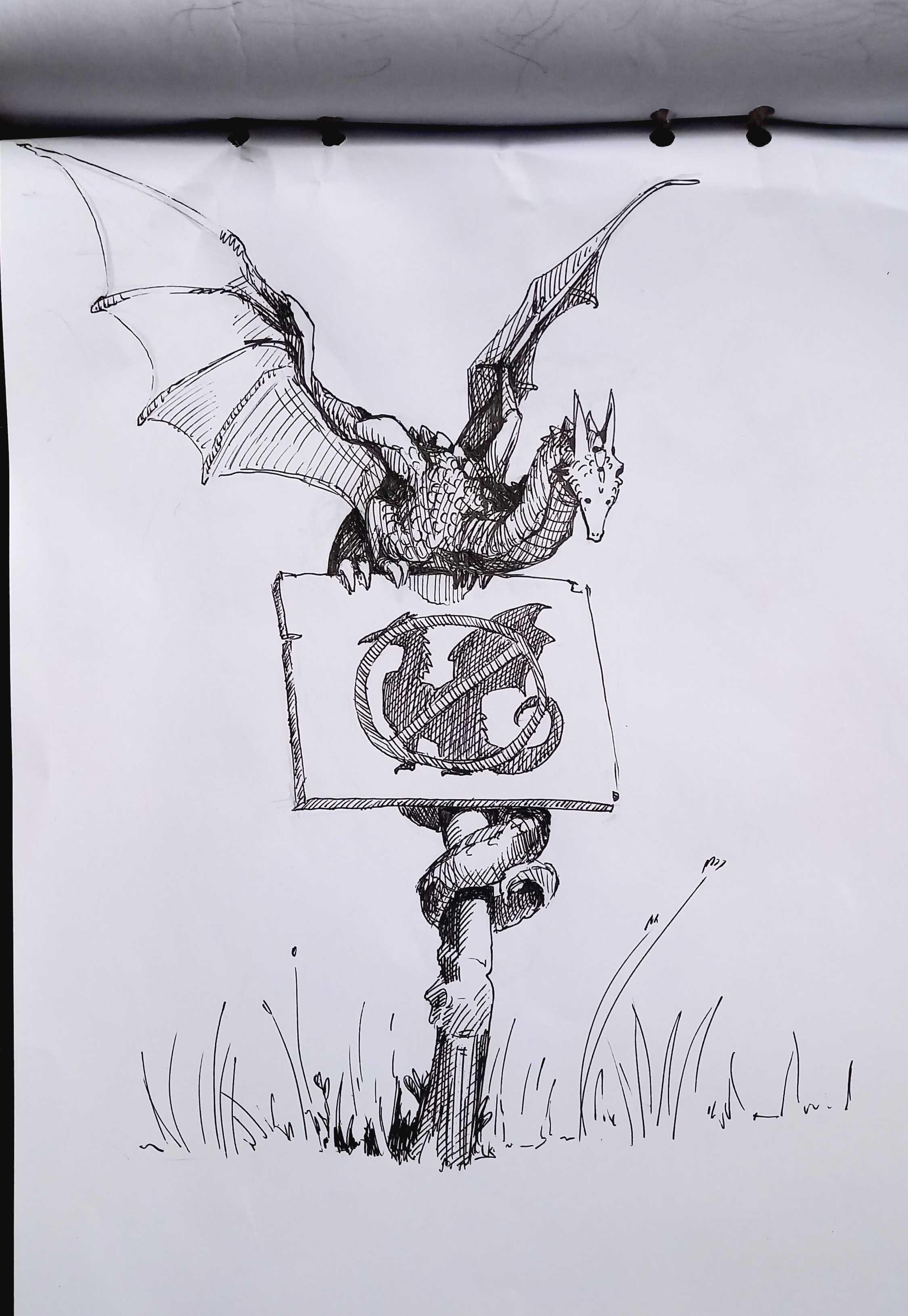 Drawing of a small dragon sitting on top of a sign. The sign has a silhouette of a dragon with a prohibition symbol over it - basically saying "dragons forbidden". Pen drawing on paper. For smaugust 2025 day 2 prompt: forbidden.