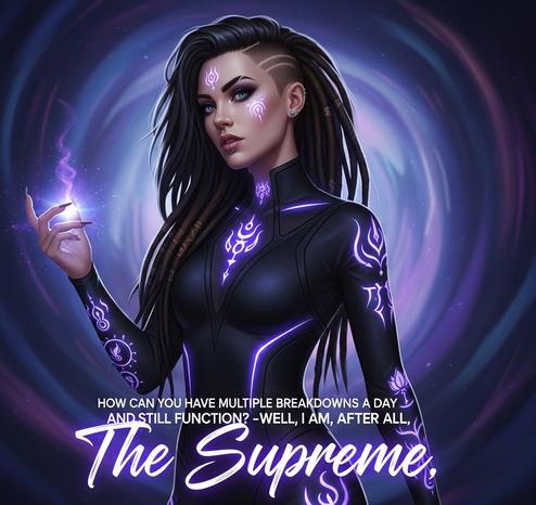 the paradox goddess, with dark hair in sidecuts and dreadlocks. She is a modern witch in a kinetic dark bodysuit with glowing, sigil-like tattoos. She is surrounded by a swirling vortex of deep purple and blue light. The text "How can you have multiple breakdowns a day and still function? -Well, I am, after all, The Supreme" is incorporated into the image in a glowing font.