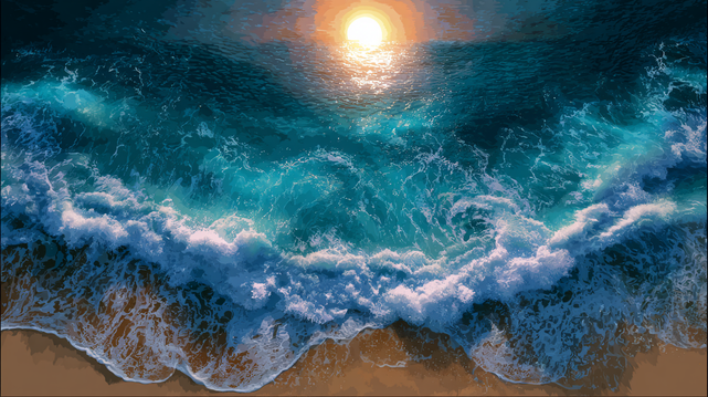 Rivage Éternel.
Vagues puissantes déferlant sur le sable doré, baignées par la lumière chaude d’un coucher de soleil éclatant.
Powerful waves crashing on golden sand, bathed in the warm glow of a radiant sunset.