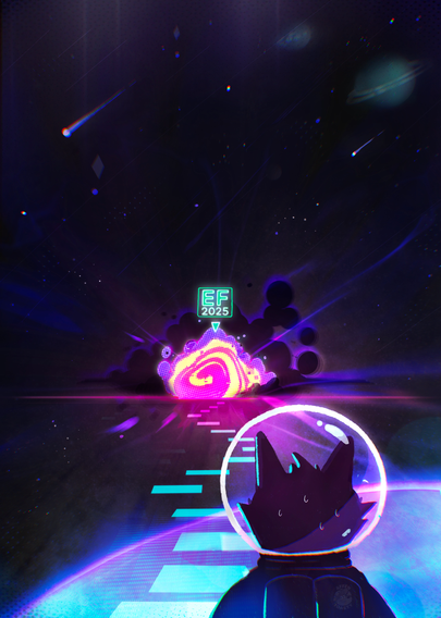 An astronaut is standing in a surreal place, seemingly in space, while a path is arranged in front of him, leading him towards a wormhole portal-like nebula. The holographic text, "EF 2025", is floating above it. 
Art by https://wonderl.ink/@affentoast