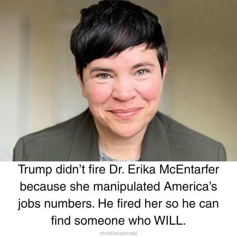 Das Bild zeigt eine Frau mit kurzen, dunklen Haaren, die ein graues Jackett trägt. Sie lächelt leicht und blickt direkt in die Kamera. Der Hintergrund ist ein neutrales, hellbraunes Farbton, der den Fokus auf die Frau lenkt. Unterhalb des Bildes befindet sich ein Text, der lautet: "Trump didn’t fire Dr. Erika McEntarfer because she manipulated America’s jobs numbers. He fired her so he can find someone who WILL." Der Text ist in schwarzer Schrift auf einem weißen Hintergrund dargestellt.