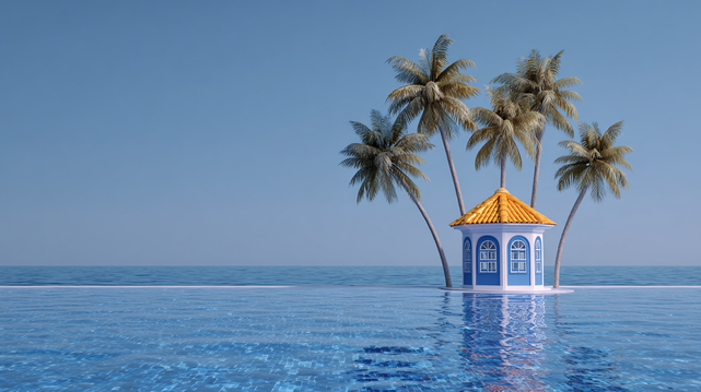 Pavillon Marin.
Petit pavillon bleu entouré de palmiers, flottant sur une mer calme sous un ciel dégagé et minimaliste.
Small blue pavilion surrounded by palm trees, floating on a calm sea under a clear minimalist sky.