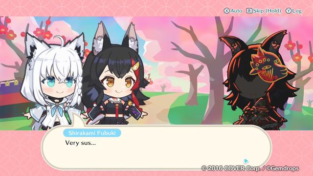 Fubuki Shirakami the Hololive fox girl saying "Very sus..." in the video game Holo's Hanafuda.