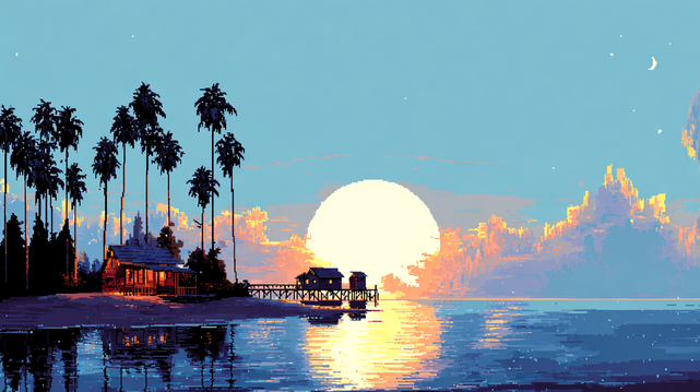 Crépuscule Pixelisé sur l'Île.
Scène pixelisée d'une plage tropicale avec cabanes en bois, palmiers et un coucher de soleil monumental sur l'océan.
Pixel-style scene of a tropical beach with wooden huts, palm trees, and a monumental sunset over the ocean.