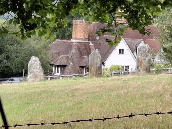 Three large standing stones in a field in front of a small group of houses (probably a farm). There's some barbed wire preventing access to the field.