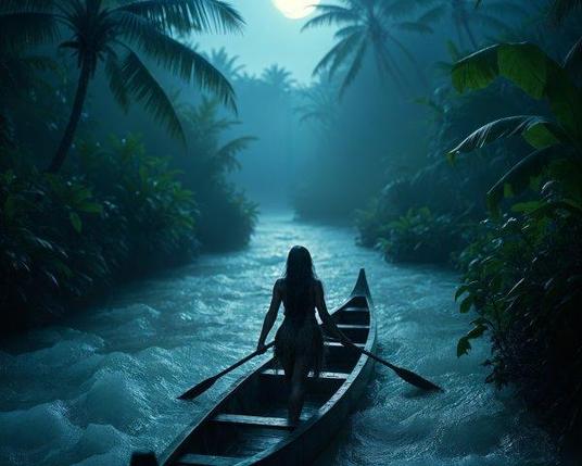 Woman in a canoe paddling down the river, viewed from the back