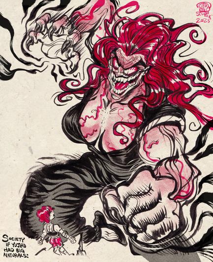 A drawing of Yujiro Hanma from Baki the Grappler, but he is a woman with huge heavy natural boobs that are inflamed and red and veiny.  She is gigantic and leaping in the air with claws and fist ready to pounce.  A tiny 2 inch tall Bakiko (girl Baki) is A-posing on a cliff staring at her gigantic evil mother.