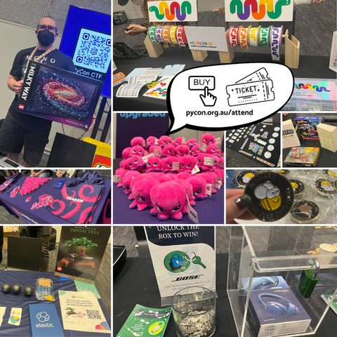 Collage of prizes and merchs from last year and a link pycon.org.au/attend