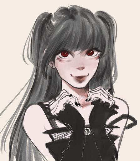 Dibujo a color de chica joven con pelo gris largo con flequillo y dos pequeñas coletas, piel blanca con ropa negra, y sus ojos son rojos.