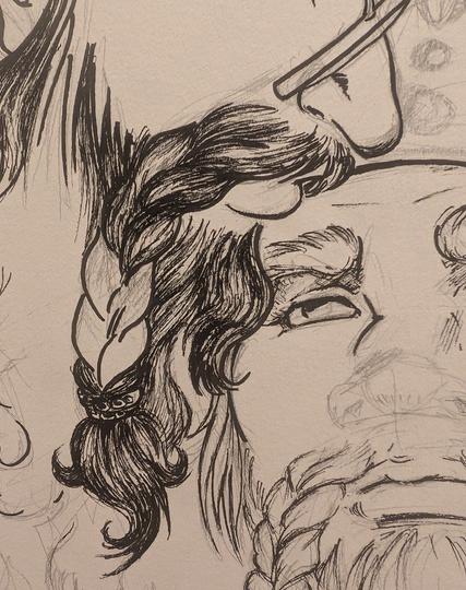 Detailed zoom of two male dwarves pressing their faces together romantically. One wears spectacles and has dark, curly facial hair. The other has pale, straight hair and wears a crown. Both have braided mustaches. The artwork is only partially inked over a pencil sketch.
