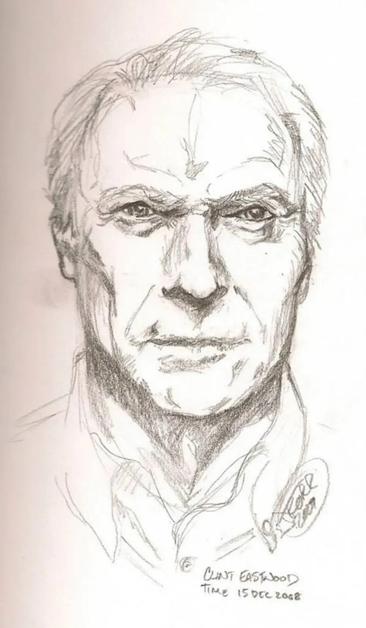 Pencil sketch of the actor Clint Eastwood. The notes say "Clint Eastwood, Time 15 Dec 2008."