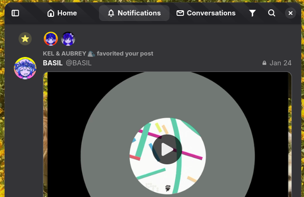 Screenshot of Tuba. The user is in the notifications tab showing a grouped notification. At the top there's a star and 2 avatars. Right below them the text "KEL & AUBREY [blobhaj emoji] favorited your post" and right below that a post by BASIL.