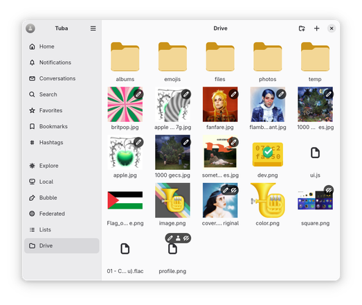 Screenshot of Tuba. The user is on the Iceshrimp Drive view. There's 5 folders at the top following the system accent color and random images and other files below. Some files have badges at the top right of a pencil, person or crossed-out eye. It's similar to Nautilus.