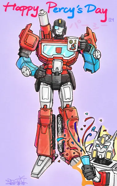 perceptor holding a mug fullbody and drift celebrate percy day with him