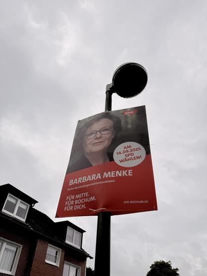 Plakat von Barbara Menke (Kandidatin der SPD Bochum-Mitte für das Amt der Bezirksbürgermeisterin in der Bezirksvertretung Bochum-Mitte