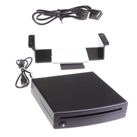 A black injection moulded case with a CD slot and an eject button on the front, and a cable hanging out the back with a USB A plug on it. A mounting bracket and a USB extension cable are also provided. The moulding looks very cheap.