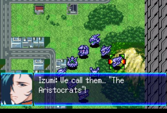 A screenshot of Super Robot Wars J. Izumi says "We call them... The Aristocrats!"