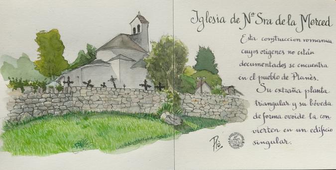 Dibujo realizado con pluma y coloreado con acuarela de la iglesia de Planes. Texto reproducido en el mensaje, caligrafíado a la derecha.