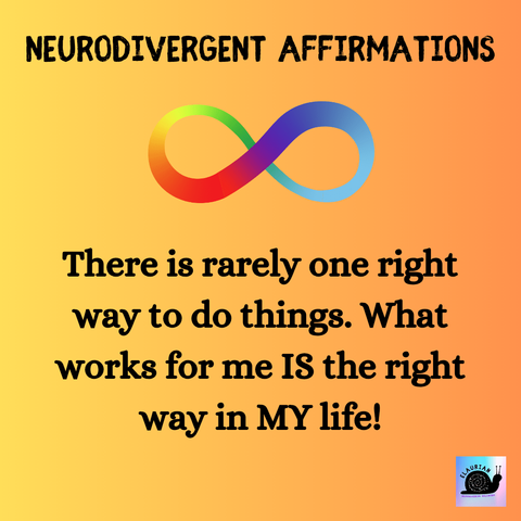 A yellow to orange gradient background, with the words "Neurodivergent Affirmations" at the top in all black capital letters. Under that is a rainbow infinity symbol, under which is black writing that says "There is rarely one right way to do things. What works for me IS the right way in MY life!"