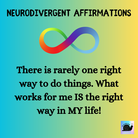 A green to yellow gradient background, with the words "Neurodivergent Affirmations" at the top in all black capital letters. Under that is a rainbow infinity symbol, under which is black writing that says "There is rarely one right way to do things. What works for me IS the right way in MY life!"