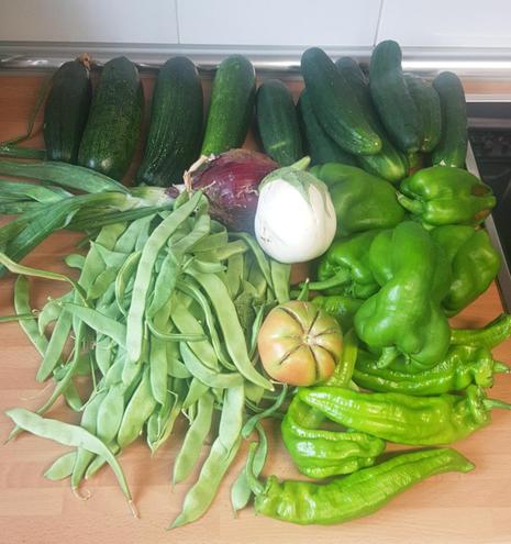Contenido de la cesta de la semana sobre una encimera de cocina.
De atrás adelante y de izquierda a derecha, hay un buen puñado de calabacines y otro semejante de pepinos.
En el centro, una cebolla morada y una berenjena blanca. Justo delante, un tomate.
Delante, a la izquierda, un montón de judías verdes. Y a la derecha, uno de pimientos verdes gordos. Y otro de italianos.