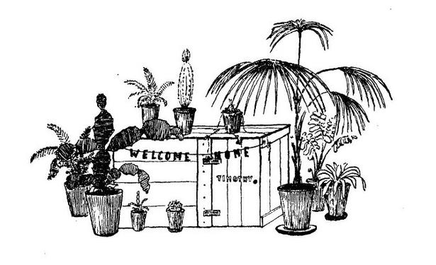 A picture drawn by Arthur Ransome from the last page of Pigeon Post, showing a small box with a tiny hinged door surrounded by small potted cactus plants and a welcome banner reading "welcome home", designed to be a home for Timothy the Armadillo. [Image copyright owned by The Literary Estate of Arthur Ransome]