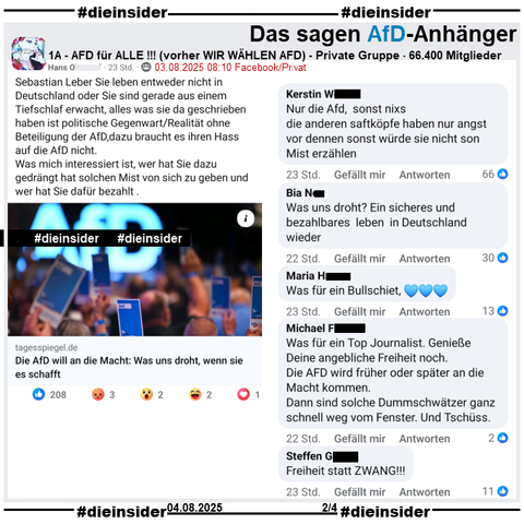 Im Tagesspiegel erscheint am 30.07.2025 von Sebastian Leber die Kolumne " Die AfD will an die Macht: Was uns droht, wenn sie es schafft: Die AfD steigt weiter in der Wählergunst. Wie wenig muss jemand sein eigenes Land mögen, dass er es dieser Partei ausliefern möchte?"
In der Gruppe "1A - AFD für ALLE !!!" wird die Kolumne mit dem Text (siehe Slide 1) des Verfassers geteilt. 
Wir zeigen u.a. die Kommentare 
"Nur die Afd, sonst nixs die anderen saftköpfe haben nur angst vor dennen sonst würde sie nicht son Mist erzählen.", "Was uns droht? Ein sicheres und bezahlbares leben in Deutschland wieder.", "Was für ein Bullschiet.", "Was für ein Top Journalist. Genieße Deine angebliche Freiheit noch.
Die AFD wird früher oder später an die Macht kommen. Dann sind solche Dummschwätzer ganz schnell weg vom Fenster. Und Tschüss." und "Freiheit statt ZWANG!!!"