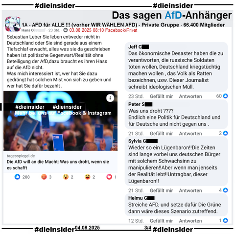 Im Tagesspiegel erscheint am 30.07.2025 von Sebastian Leber die Kolumne " Die AfD will an die Macht: Was uns droht, wenn sie es schafft: Die AfD steigt weiter in der Wählergunst. Wie wenig muss jemand sein eigenes Land mögen, dass er es dieser Partei ausliefern möchte?"
In der Gruppe "1A - AFD für ALLE !!!" wird die Kolumne mit dem Text (siehe Slide 1) des Verfassers geteilt. 
Wir zeigen u.a. die Kommentare 
"Das ökonomische Desaster haben die zu verantworten, die russische Soldaten töten wollen, Deutschland kriegstüchtig machen wollen, das Volk als Ratten bezeichnen, usw. Dieser Journalist schreibt ideologischen Müll.", "Was uns droht???? Endlich eine Politik für Deutschland und für Deutsche und nicht gegen uns.", "Wieder so ein Lügenbaron!! Die Zeiten sind lange vorbei uns deutschen Bürger mit solchem Schwachsinn zu manipulieren!! Aber wenn man jenseits der Realität lebt!! Untragbar, dieser Lügenbaron!!" und "Streiche AFD, und setze dafür Die Grüne dann wäre dieses Szenario zutreffend."