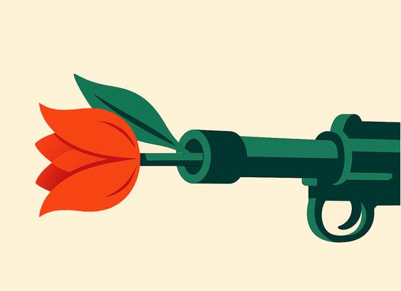 Grafische Illustration eines dunkelgrünen Gewehrlaufs, aus dem eine orange-rote Tulpe wächst. Die Blume steckt direkt im Lauf. Bildsymbolik für den Kontrast von Krieg und Frieden, inspiriert von der berühmten Aktion und dem Foto „Flower Power“, aufgenommen von Bernie Boston.
Illustration by Johann Seidl, mit KI und Photoshop