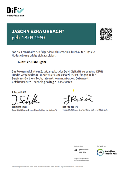 Zertifikat über das durchlaufene Fokusmodul "künstliche Intelligenz" im Rahmen des Digitalführerscheins von Deutshcland sicher im Netz
