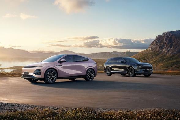 Due SUV elettrici XPeng, il modello G6 rosa chiaro e il G9 nero, parcheggiati su una strada panoramica con montagne e lago sullo sfondo al tramonto.