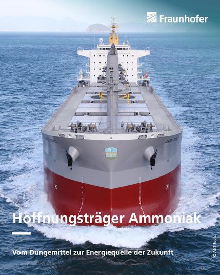 Foto eines Frachters auf dem Meer, Text darauf: Hoffnungsträger Ammoniak. Vom Düngemittel zur Energiequelle der Zukunft
